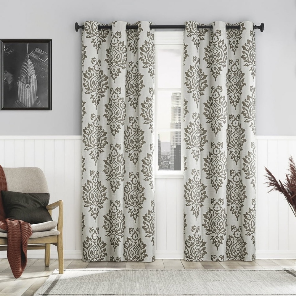 Sun Zero Arlo Darkening Grommet Curtain gray Brown Damask 40"W x 84”L New